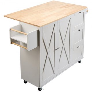 Carro de Isla de Cocina con Parte Superior de Madera Sólida, Carros Móviles de 115 cm de Ancho con Armario de Almacenamiento, Mesa de Cocina Rodante con Estante para Especias, Soporte para Toallas...