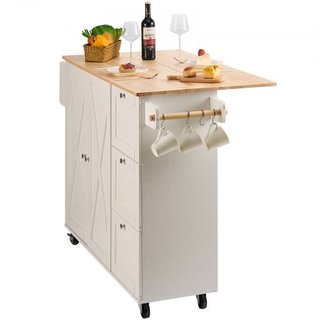 Carro de Isla de Cocina con Parte Superior de Madera Sólida, Carros Móviles de 115 cm de Ancho con Armario de Almacenamiento, Mesa de Cocina Rodante con Estante para Especias, Soporte para Toallas...