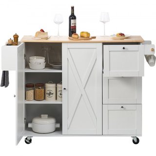 Carro de Isla de Cocina con Parte Superior de Madera Sólida, Carros Móviles de 115 cm de Ancho con Armario de Almacenamiento, Mesa de Cocina Rodante con Estante para Especias, Soporte para Toallas...