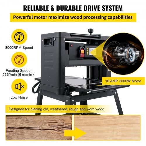Cepillo de Espesor 330 mm (13 pulgadas) Cepillo de Banco 2000W Cepillo de Madera 8000 rpm Cepillo de Carpintería 10 AMP Cepillo Plegable Velocidad de Cepillado 6m/min con Soporte de Hierro Sistema...