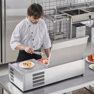 Estación de Preparación de Condimentos Refrigerada, Estación de Condimentos Refrigerada de Encimera de 140 W, con 1 bandeja de 1/3 y 4 bandejas de 1/6, Cuerpo de Acero Inoxidable 304 y Tapa de PC,...