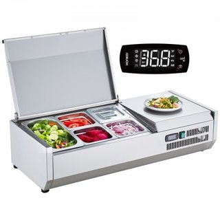 Estación de Preparación de Condimentos Refrigerada, Estación de Condimentos Refrigerada de Encimera de 140 W, con 1 bandeja de 1/3 y 4 bandejas de 1/6, Cuerpo de Acero Inoxidable 304 y Tapa de PC,...