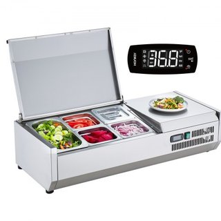 Estación de Preparación de Condimentos Refrigerada, Estación de Condimentos Refrigerada de Encimera de 140 W, con 1 bandeja de 1/3 y 4 bandejas de 1/6, Cuerpo de Acero Inoxidable 304 y Tapa de PC,...