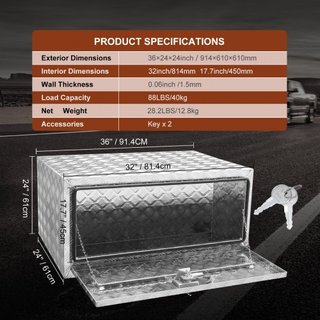 Caja de Camión Inferior, Caja de Almacenamiento para Pickup de 36"×24"×24", Caja de Herramientas de Aluminio de Placa de Diamante de Alta Resistencia con Cerradura y Llaves, Caja de Almacenamiento...