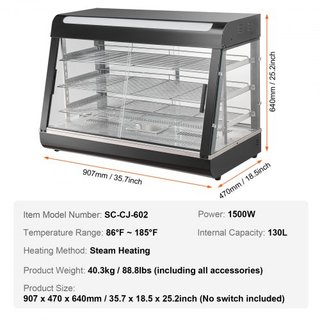 Exhibidor de Comida Caliente Comercial de 3 Niveles, Calentador de Exhibición de Comida de 1500W con Luz, Estante Ajustable y Pantalla de Temperatura, Calentamiento por Vapor de 30℃~85℃, 130L para...