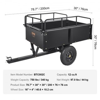 Carro de Volteo de Acero para ATV de Alta Resistencia, 340 kg 0.43 Metros Cúbicos, Remolque de Jardín Utilitario con Lados Removibles para Cortacésped Tractor