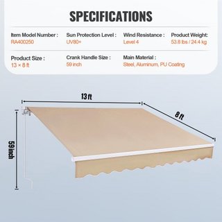 Toldo Retráctil Manual, Toldo de Patio Exterior de 13 x 8 pies, Sombra Retráctil, Toldo de Ventana y Puerta de Patio de Poliéster Resistente al Agua con Manivela para Jardín, Balcón