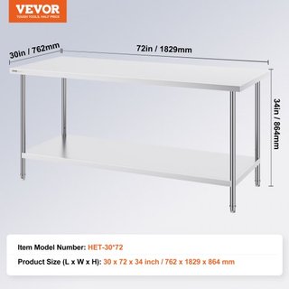 Mesa de Preparación de Acero Inoxidable, 30 x 72 x 34 Pulgadas, Mesa de Trabajo de Metal de Alta Resistencia con 3 Niveles de Altura Ajustables, Estación de Trabajo Comercial para Cocina, Garaje, ...