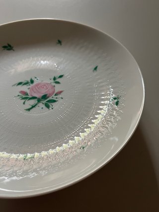 Piatto porcellana rosa e foglie verdi