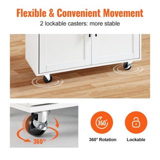 Carro de Isla de Cocina con Parte Superior de Madera Sólida, Carros Móviles de 90 cm de Ancho con Armario de Almacenamiento, Mesa de Cocina Rodante con Estante para Especias, Soporte para Toallas,...