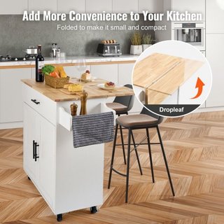 Carro de Isla de Cocina con Parte Superior de Madera Sólida, Carros Móviles de 90 cm de Ancho con Armario de Almacenamiento, Mesa de Cocina Rodante con Estante para Especias, Soporte para Toallas,...
