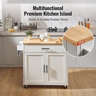 Carro de Isla de Cocina con Parte Superior de Madera Sólida, Carros Móviles de 90 cm de Ancho con Armario de Almacenamiento, Mesa de Cocina Rodante con Estante para Especias, Soporte para Toallas,...