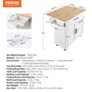 Carro de Isla de Cocina con Parte Superior de Madera Sólida, Carros Móviles de 90 cm de Ancho con Armario de Almacenamiento, Mesa de Cocina Rodante con Estante para Especias, Soporte para Toallas,...