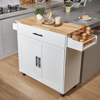 Carro de Isla de Cocina con Parte Superior de Madera Sólida, Carros Móviles de 90 cm de Ancho con Armario de Almacenamiento, Mesa de Cocina Rodante con Estante para Especias, Soporte para Toallas,...