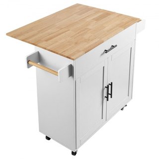 Carro de Isla de Cocina con Parte Superior de Madera Sólida, Carros Móviles de 90 cm de Ancho con Armario de Almacenamiento, Mesa de Cocina Rodante con Estante para Especias, Soporte para Toallas,...