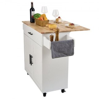 Carro de Isla de Cocina con Parte Superior de Madera Sólida, Carros Móviles de 90 cm de Ancho con Armario de Almacenamiento, Mesa de Cocina Rodante con Estante para Especias, Soporte para Toallas,...