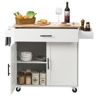 Carro de Isla de Cocina con Parte Superior de Madera Sólida, Carros Móviles de 90 cm de Ancho con Armario de Almacenamiento, Mesa de Cocina Rodante con Estante para Especias, Soporte para Toallas,...