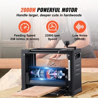 Planificadora de Espesor, Velocidad Única, Mesa de Trabajo de 33 cm de Ancho, Planificadora de Banco de Dos Cuchillas, Motor Potente de 15 Amperios 1800W, Mesa de Alimentación Extendida de 30.5 cm...