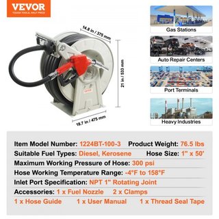 Carrete de Manguera de Combustible, 25.4 mm x 15.24 m, Carrete de Manguera Diesel Retráctil Extra Largo, Construcción de Acero Carbono de Alta Resistencia con Boquilla Automática de Combustible, M...
