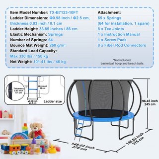 Trampolín de 10 pies, trampolín de 330 lbs con red de seguridad, escalera y poste curvado, trampolín de alta resistencia con tapiz de salto y acolchado de muelles, trampolines recreativos al aire ...