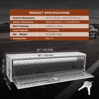 Caja de Camión Inferior, 152.4 x 43.2 x 45.7 cm Caja de Almacenamiento para Pickup, Caja de Herramientas de Aluminio de Placa de Diamante de Alta Resistencia con Cerradura y Llaves, Caja de Almace...