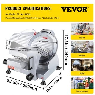 Cortadora de Carne Comercial, Cortadora de Alimentos Eléctrica de 320W, Cortadora de Alimentos Eléctrica de Cuchilla de Acero al Carbono de 12 Pulgadas, Cortadora de Carne de 350-400RPM, Grosor Aj...