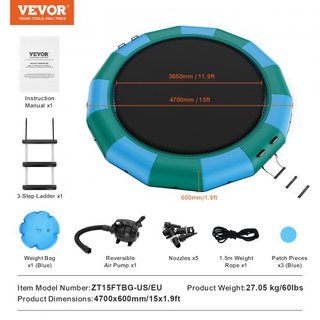 Bouncer de Agua Inflable, Trampolín Recreativo de Agua de 15 pies, Plataforma de Salto Portátil con Escalera de 3 Pasos y Bomba de Aire Eléctrica, Rebotador Flotante para Niños y Adultos para Pisc...
