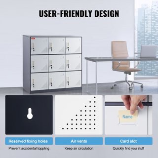 Taquilla de Metal para Empleados, Armario de Almacenamiento de 9 Puertas con Ranura para Tarjeta, Taquillas de Acero Gris para Empleados con Llaves, Capacidad de Carga de 66 lbs, Taquillas de Alma...