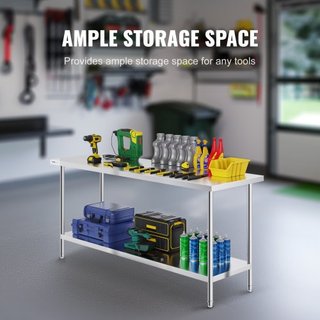 Mesa de Preparación de Acero Inoxidable, 24 x 72 x 34 Pulgadas, Mesa de Trabajo de Metal de Alta Resistencia con 3 Niveles de Altura Ajustables, Estación de Trabajo Comercial para Cocina, Garaje, ...