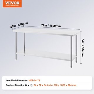 Mesa de Preparación de Acero Inoxidable, 24 x 72 x 34 Pulgadas, Mesa de Trabajo de Metal de Alta Resistencia con 3 Niveles de Altura Ajustables, Estación de Trabajo Comercial para Cocina, Garaje, ...