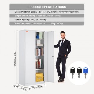 Gabinete de Almacenamiento de Metal, Gabinete de Almacenamiento de Acero con 2 Puertas Magnéticas y 4 Estantes Ajustables, Gabinete de Metal de 71'' con Capacidad de 200 lbs por Estante con 3 Llav...