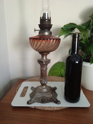 Quinqué o lampara  aceite antiguo, bronce y marmol