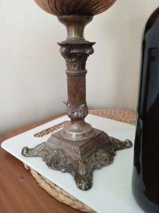 Quinqué o lampara  aceite antiguo, bronce y marmol
