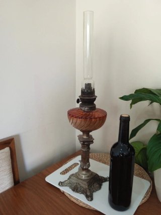 Quinqué o lampara  aceite antiguo, bronce y marmol