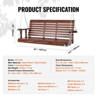 Hamaca de Madera de 5.5 pies, hamaca de patio para patio y jardín, capacidad de carga mejorada de 880 lbs, banco de hamaca de alta resistencia con cadenas colgantes para exteriores, marrón