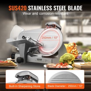 Cortadora de Carne, Cortadora de Alimentos Eléctrica de 340W con Cuchilla de Acero Inoxidable SUS420 de 25.4 cm y Piedra de Afilado Incorporada, Grosor Ajustable de 0-0.6 pulgadas para Uso Comerci...
