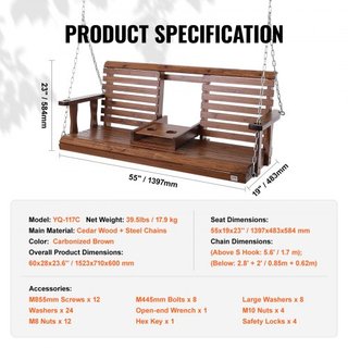 Hamaca de Madera de 5 pies, Banco de Patio para Patio y Jardín, Capacidad de Carga Mejorada de 880 lbs, Banco de Silla de Hamaca de Alta Resistencia con Cadenas de Suspensión para Exteriores, Marrón