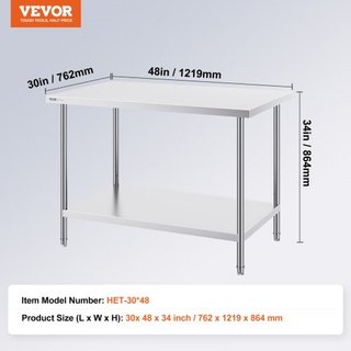 Mesa de Preparación de Acero Inoxidable, 30 x 48 x 34 Pulgadas, Mesa de Trabajo de Metal de Alta Resistencia con 3 Niveles de Altura Ajustables, Estación de Trabajo Comercial para Cocina, Garaje, ...