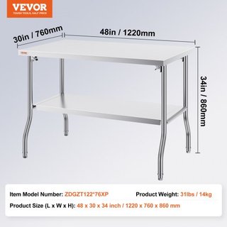 Mesa de Preparación Comercial Plegable, Mesa de Trabajo Comercial de 48 x 30 Pulgadas con Estante Inferior, Mesa Plegable de Acero Inoxidable de Alta Resistencia, para Cocina en Casa, Restaurante,...