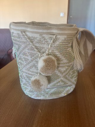 Bolso Wayuu Grande Original Beige y Dorado