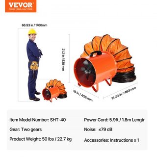 Ventilador portátil de 40.6 cm, ventilador industrial de alta velocidad de 2 velocidades 5175CFM con manguera flexible de 5 m, ventilador axial de escape para sótanos, talleres, almacenes, naranja
