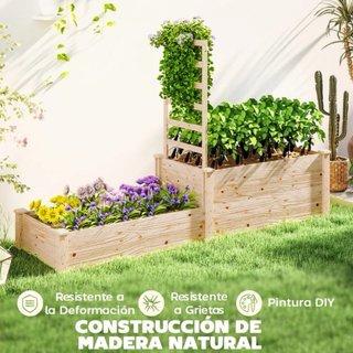 Jardinera de madera con flores y plantas