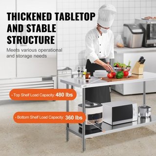 Mesa de Preparación de Acero Inoxidable, 24 x 60 x 34 Pulgadas, Mesa de Trabajo de Metal de Alta Resistencia con 3 Niveles de Altura Ajustables, Estación de Trabajo Comercial para Cocina, Garaje, ...