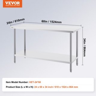 Mesa de Preparación de Acero Inoxidable, 24 x 60 x 34 Pulgadas, Mesa de Trabajo de Metal de Alta Resistencia con 3 Niveles de Altura Ajustables, Estación de Trabajo Comercial para Cocina, Garaje, ...