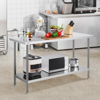 Mesa de Preparación de Acero Inoxidable, 24 x 60 x 34 Pulgadas, Mesa de Trabajo de Metal de Alta Resistencia con 3 Niveles de Altura Ajustables, Estación de Trabajo Comercial para Cocina, Garaje, ...