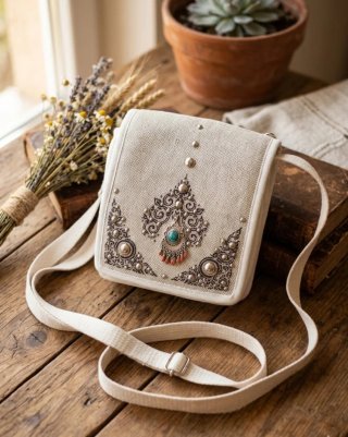 Bolso bandolera beige con adornos plateados