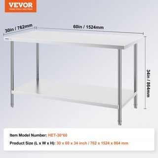Mesa de Preparación de Acero Inoxidable, 30 x 60 x 34 Pulgadas, Mesa de Trabajo de Metal de Alta Resistencia con 3 Niveles de Altura Ajustables, Estación de Trabajo Comercial para Cocina, Garaje, ...