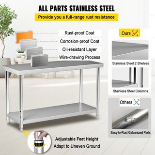 Mesa de Preparación de Acero Inoxidable, 48 x 24 x 34 Pulgadas, Capacidad de Carga de 550lbs Mesa de Trabajo de Metal de Alta Resistencia con Estante Inferior Ajustable, Estación de Trabajo Comerc...