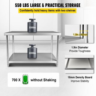 Mesa de Preparación de Acero Inoxidable, 48 x 24 x 34 Pulgadas, Capacidad de Carga de 550lbs Mesa de Trabajo de Metal de Alta Resistencia con Estante Inferior Ajustable, Estación de Trabajo Comerc...