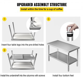 Mesa de Preparación de Acero Inoxidable, 48 x 24 x 34 Pulgadas, Capacidad de Carga de 550lbs Mesa de Trabajo de Metal de Alta Resistencia con Estante Inferior Ajustable, Estación de Trabajo Comerc...